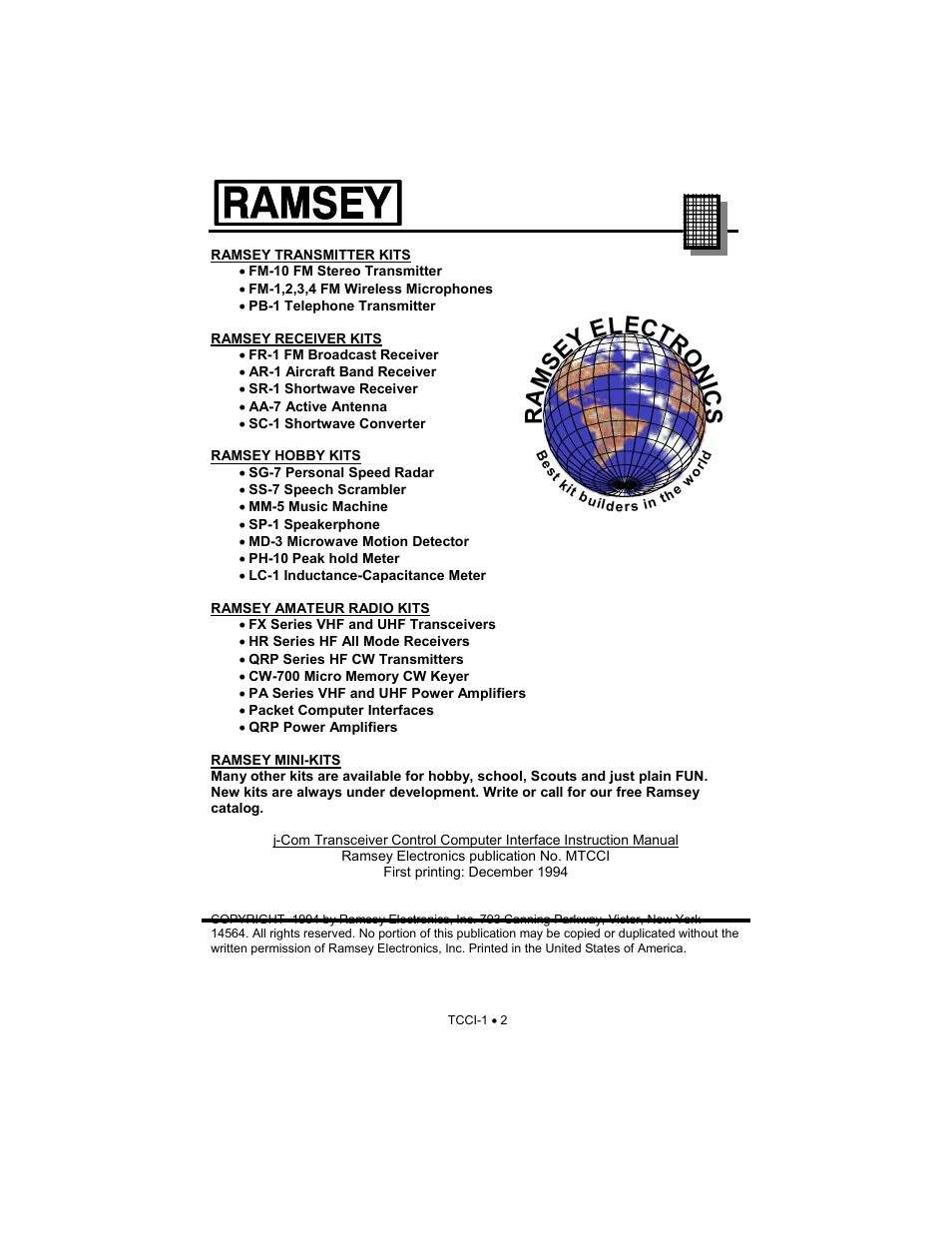 Ra m se y e lectr o n ic s | Ramsey Electronics TCCI-1 User Manual | Page 2 / 11