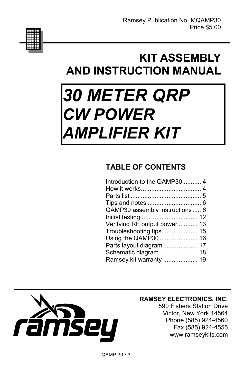 30 meter qrp, Cw power amplifier kit, Kit assembly and instruction manual | Ramsey Electronics QRP CW POWER AMPLIFIER KIT QAMP30 User Manual | Page 3 / 20