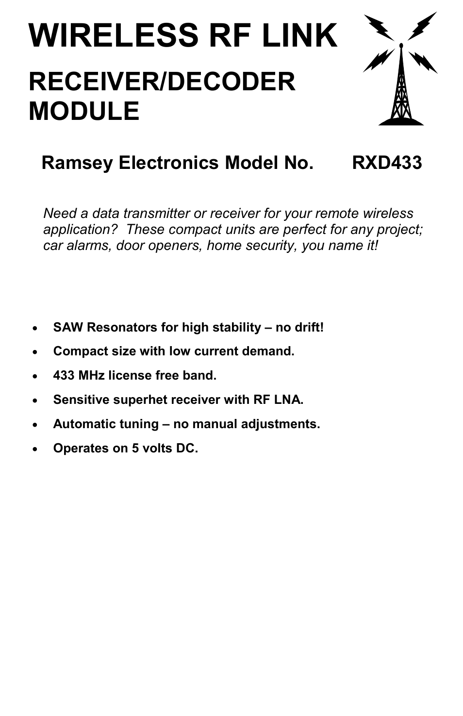 Ramsey Electronics Wireless RF Link Receiver/Decoder RXD433 User Manual | 8 pages