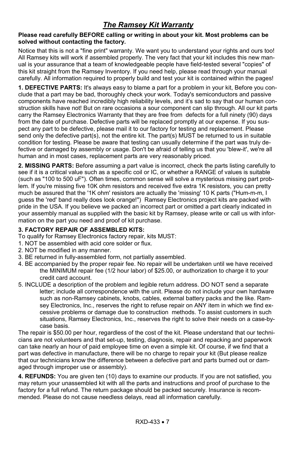 The ramsey kit warranty | Ramsey Electronics Wireless RF Link Receiver/Decoder RXD433 User Manual | Page 7 / 8