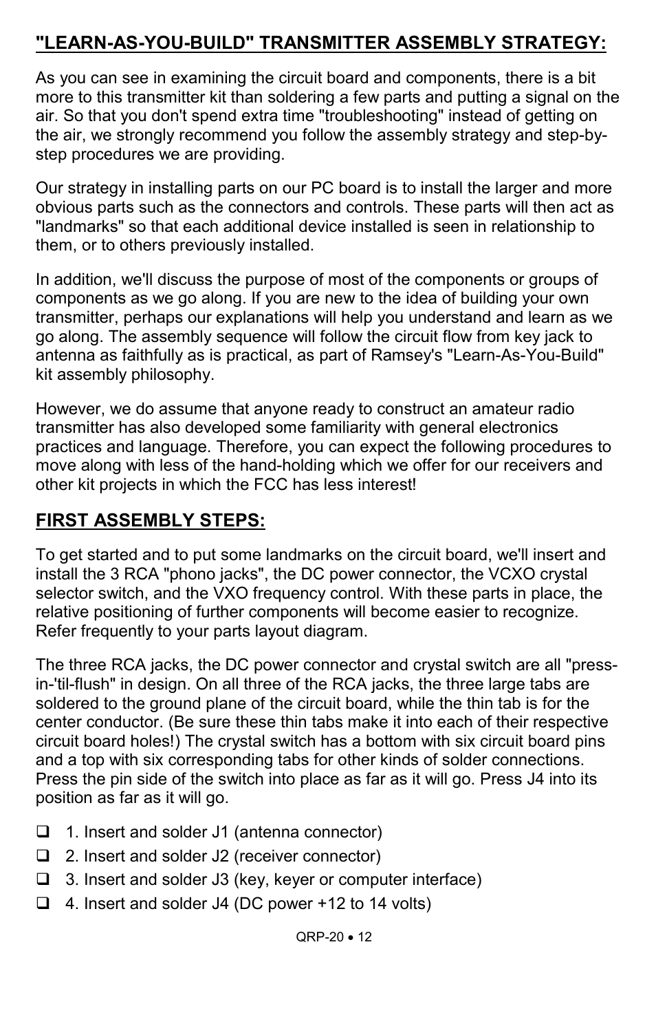 Learn-as-you-build" transmitter assembly strategy, First assembly steps | Ramsey Electronics QRP20 User Manual | Page 12 / 24