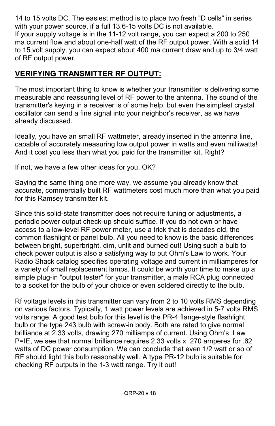 Verifying transmitter rf output | Ramsey Electronics QRP20 User Manual | Page 18 / 24