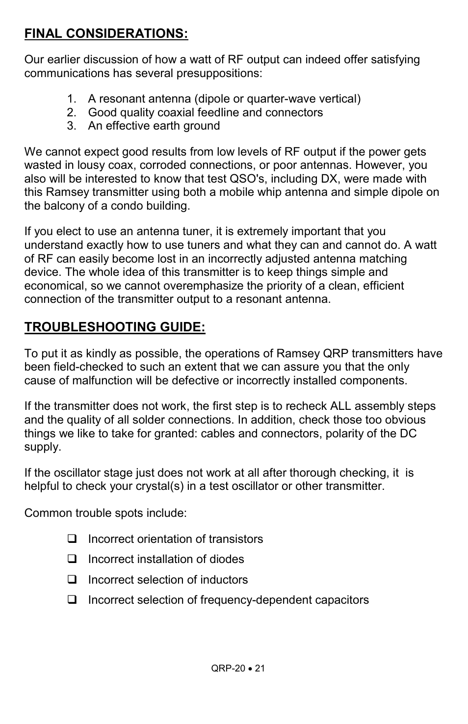 Ramsey Electronics QRP20 User Manual | Page 21 / 24