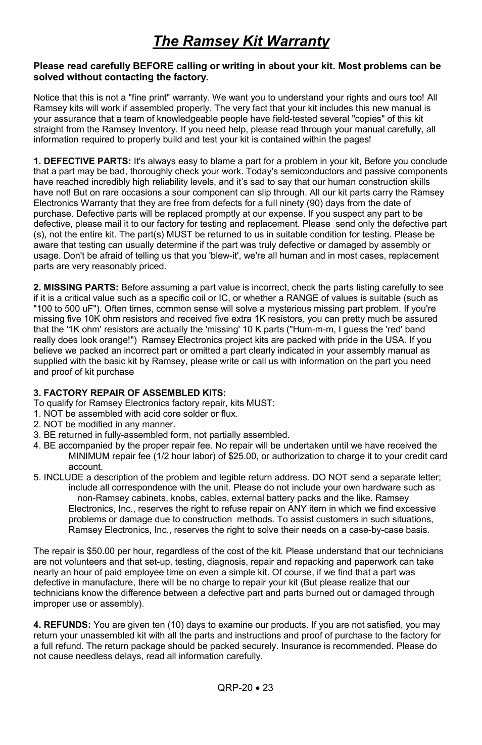 The ramsey kit warranty | Ramsey Electronics QRP20 User Manual | Page 23 / 24