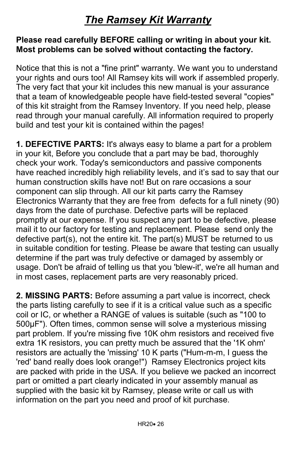 The ramsey kit warranty | Ramsey Electronics HR20 User Manual | Page 26 / 28