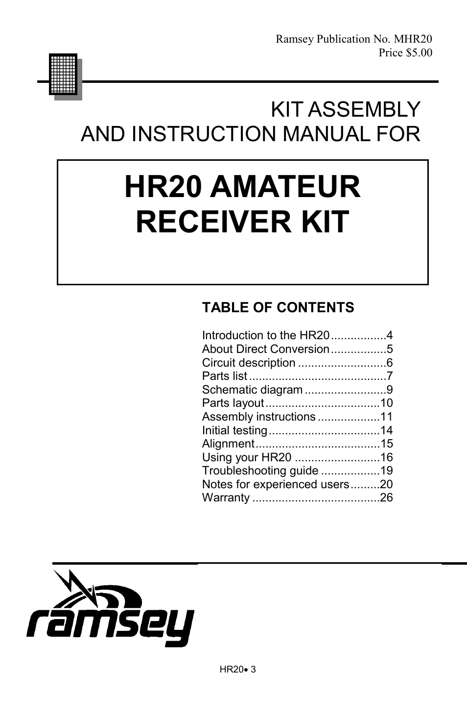 Hr20 amateur receiver kit, Kit assembly and instruction manual for | Ramsey Electronics HR20 User Manual | Page 3 / 28