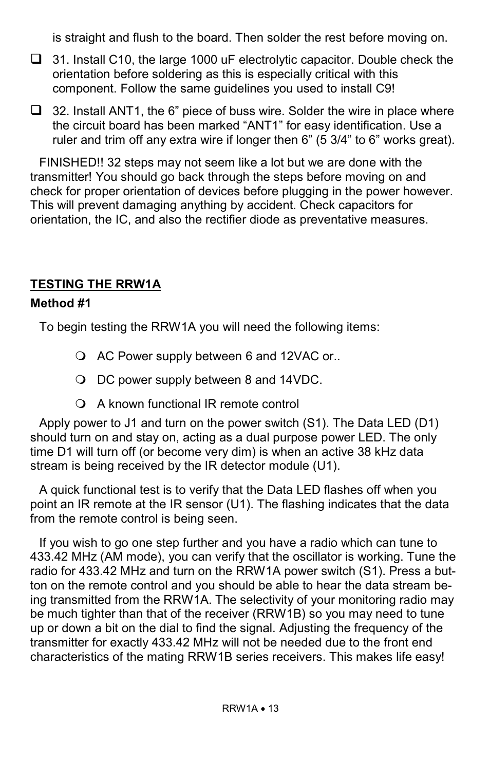 Ramsey Electronics RRW1A User Manual | Page 13 / 20