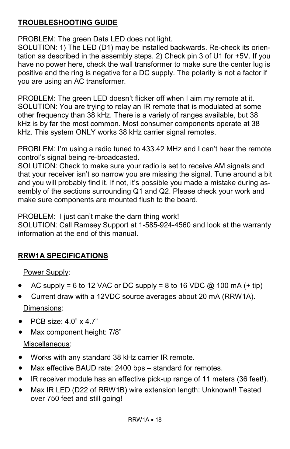 Ramsey Electronics RRW1A User Manual | Page 18 / 20