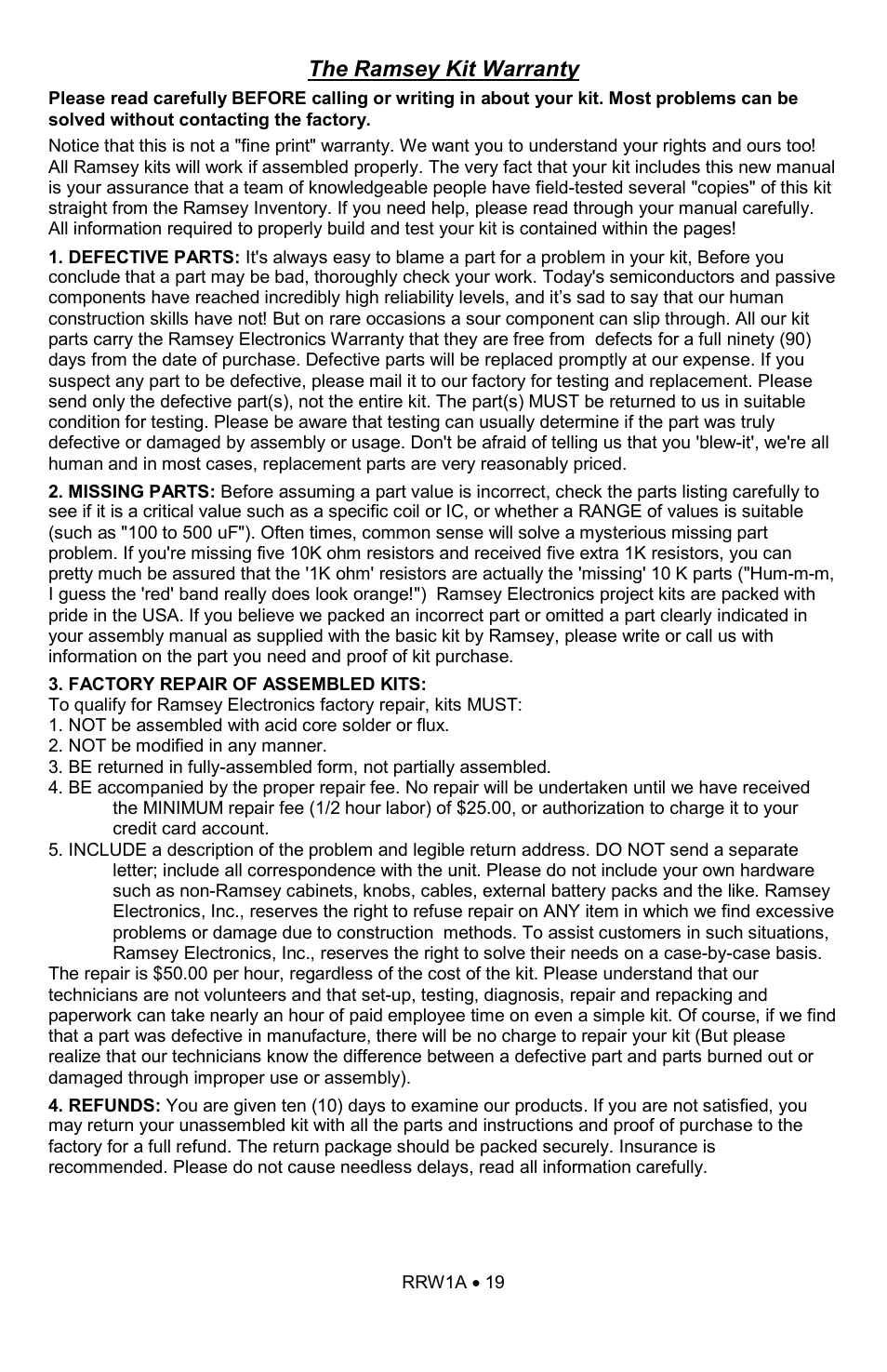 The ramsey kit warranty | Ramsey Electronics RRW1A User Manual | Page 19 / 20