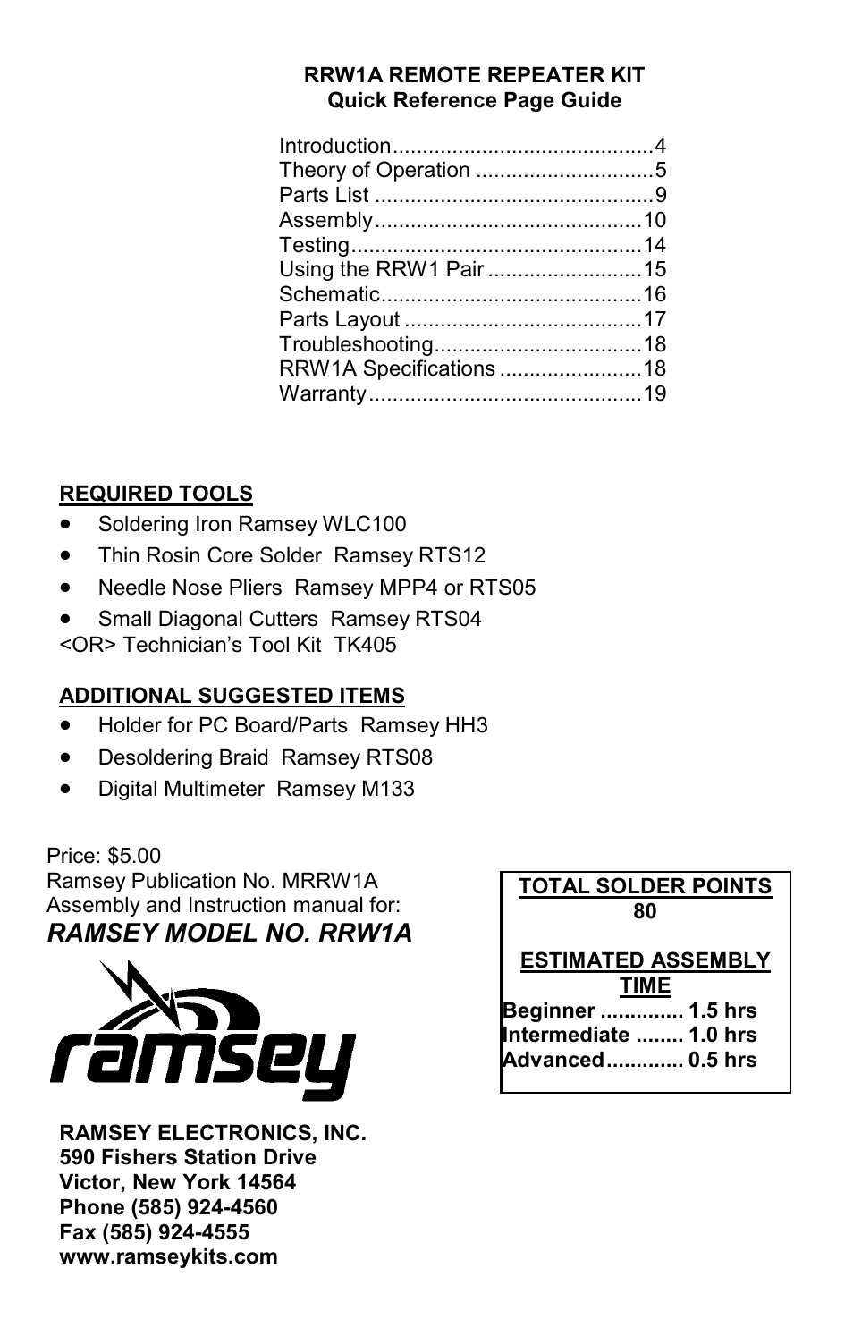 Ramsey model no. rrw1a | Ramsey Electronics RRW1A User Manual | Page 20 / 20