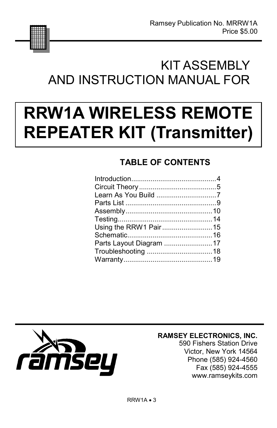 Rrw1a wireless remote repeater kit (transmitter), Kit assembly and instruction manual for | Ramsey Electronics RRW1A User Manual | Page 3 / 20