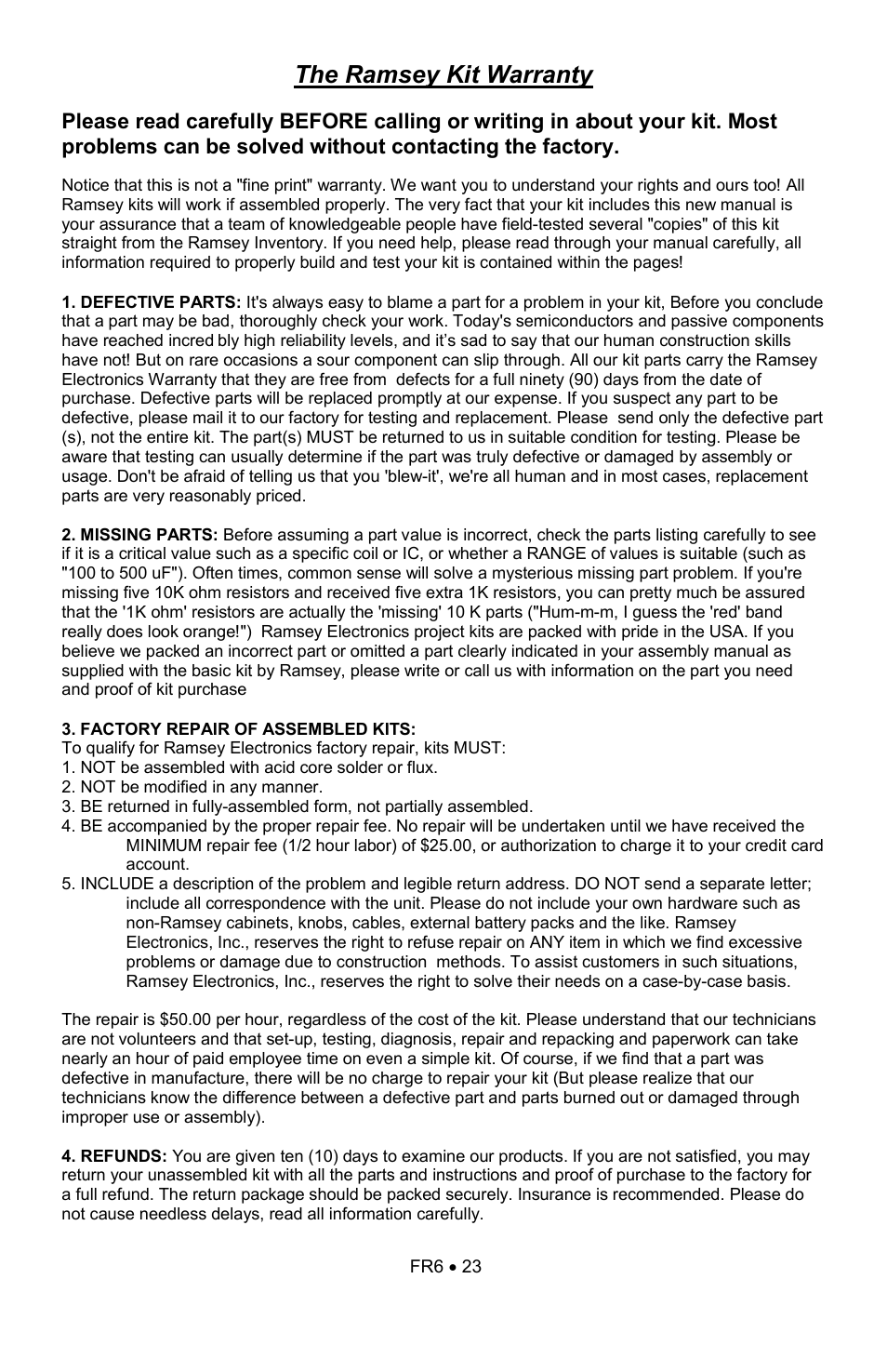 The ramsey kit warranty | Ramsey Electronics FR6 User Manual | Page 23 / 24