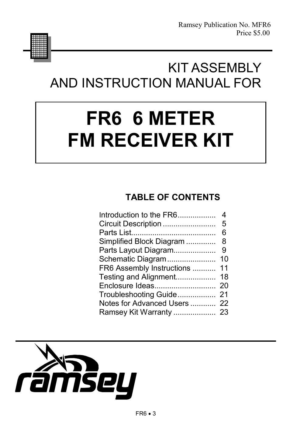 Fr6 6 meter fm receiver kit, Kit assembly and instruction manual for | Ramsey Electronics FR6 User Manual | Page 3 / 24