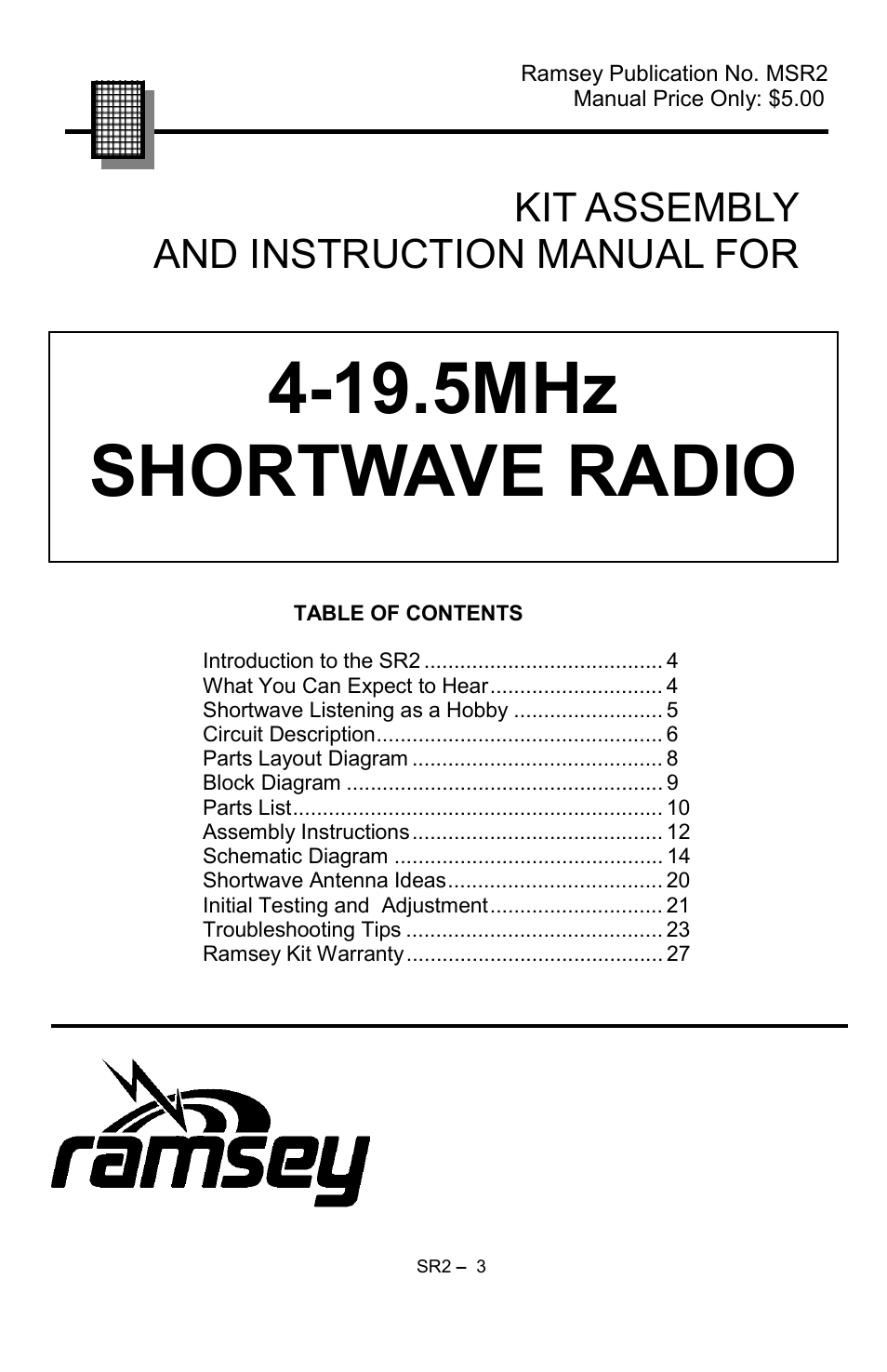 19.5mhz shortwave radio, Kit assembly and instruction manual for | Ramsey Electronics SR2 User Manual | Page 3 / 28