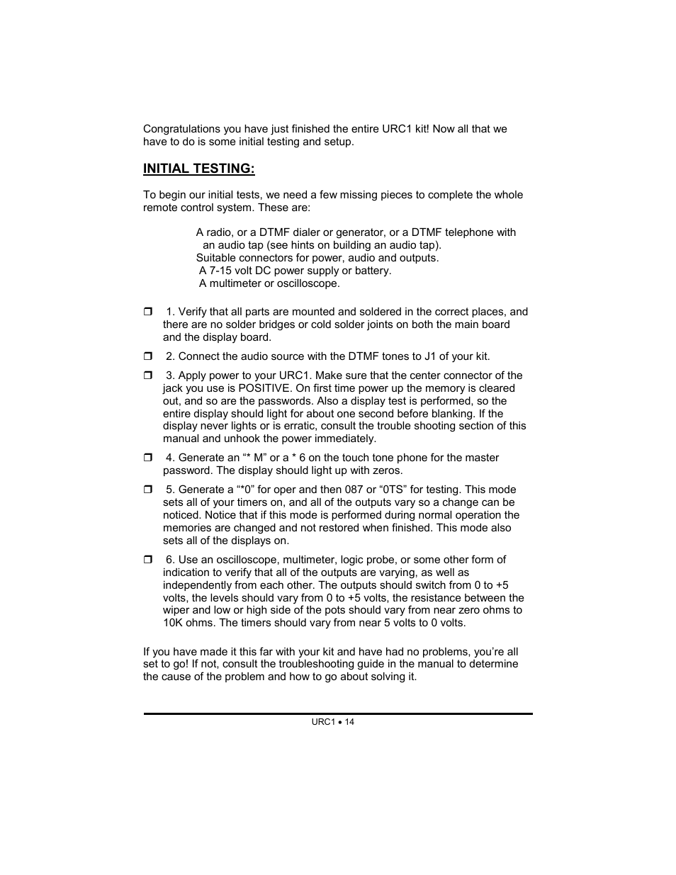 Initial testing | Ramsey Electronics URC1 User Manual | Page 14 / 31