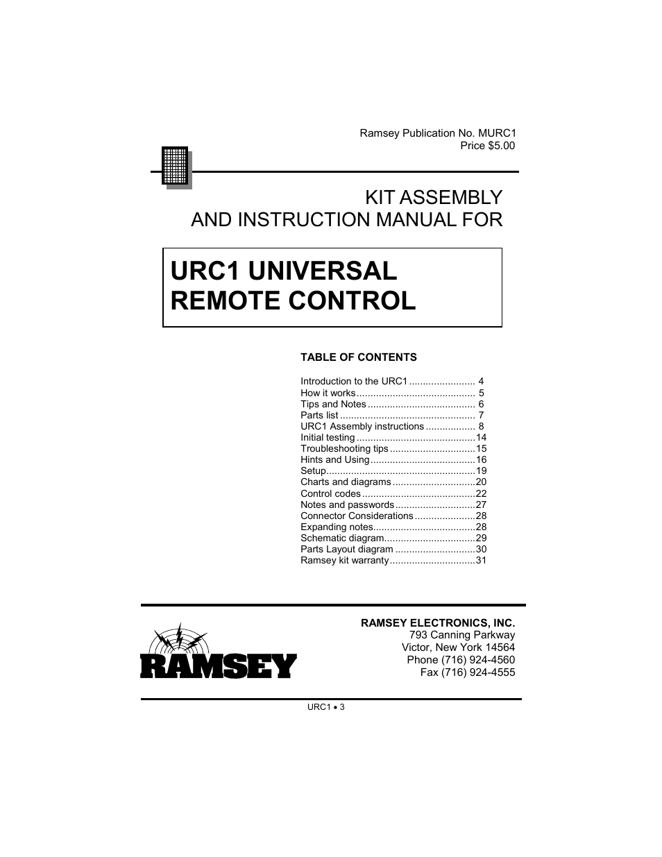 Urc1 universal remote control, Kit assembly and instruction manual for | Ramsey Electronics URC1 User Manual | Page 3 / 31