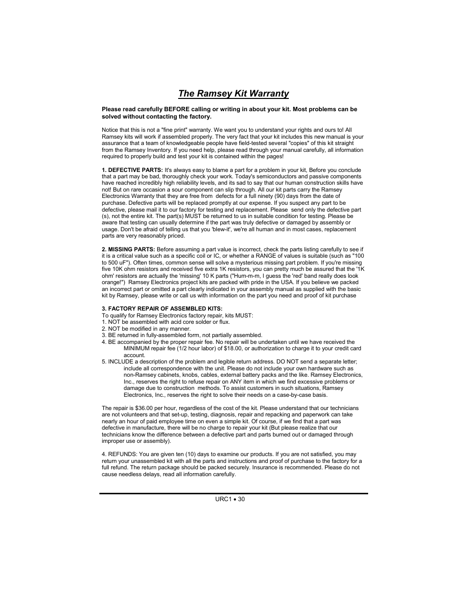 The ramsey kit warranty | Ramsey Electronics URC1 User Manual | Page 30 / 31