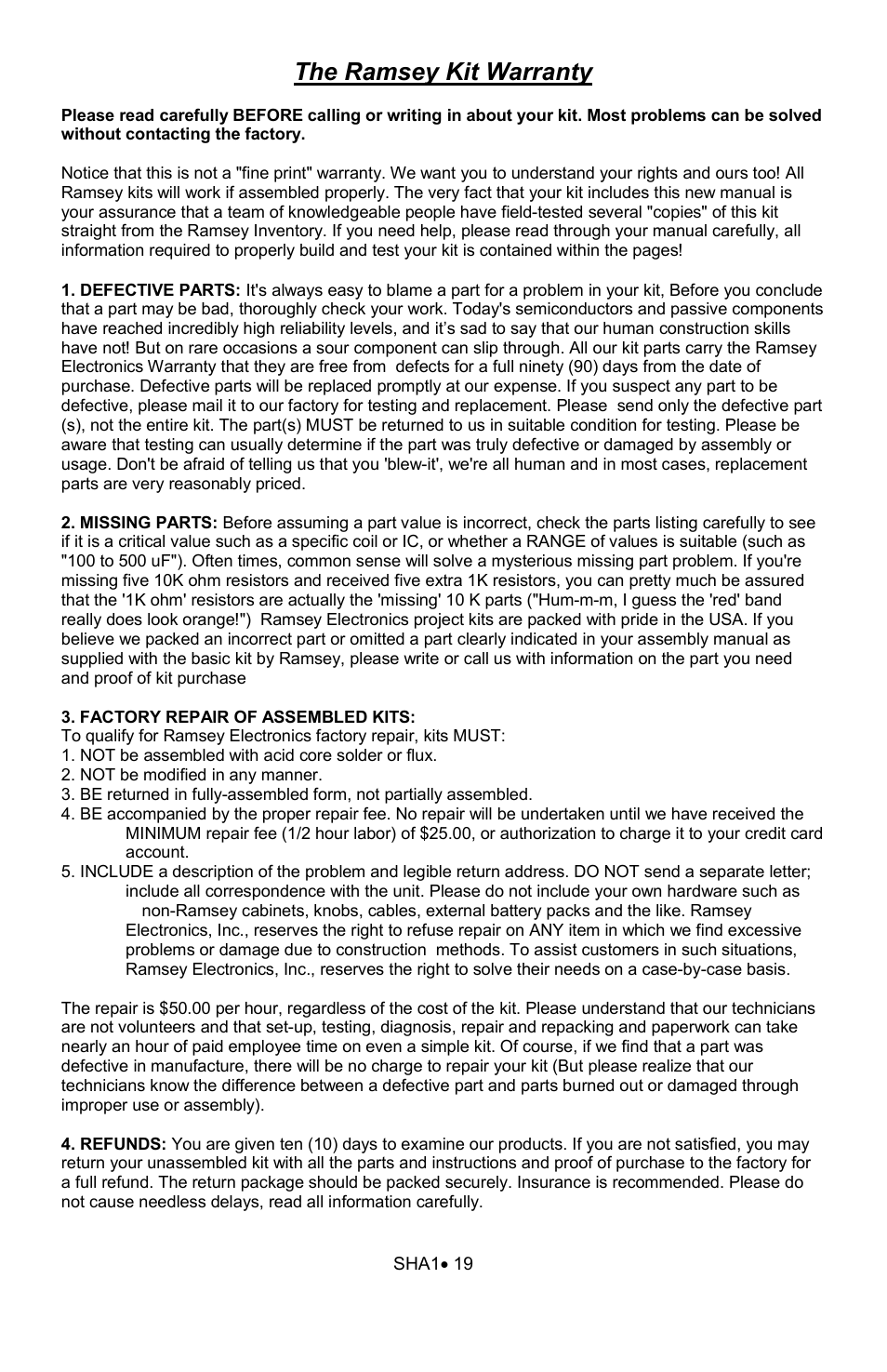 The ramsey kit warranty | Ramsey Electronics SHA1 User Manual | Page 19 / 20