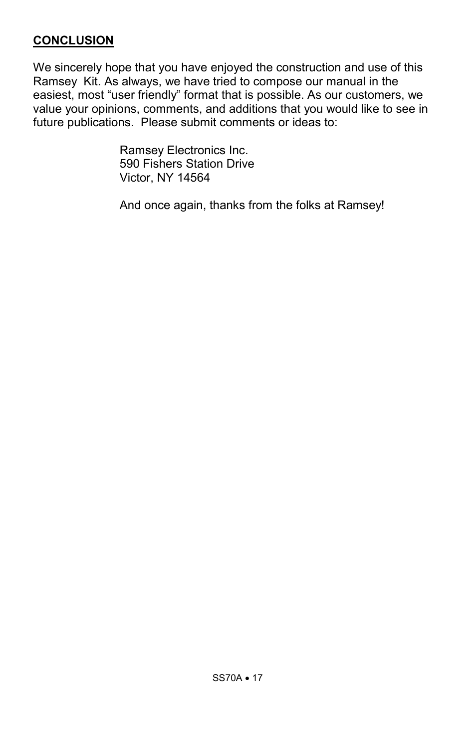 Ramsey Electronics SS70A User Manual | Page 17 / 20