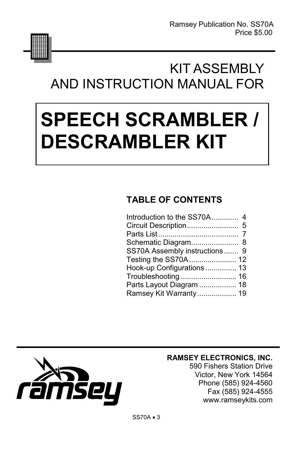 Speech scrambler / descrambler kit, Kit assembly and instruction manual for | Ramsey Electronics SS70A User Manual | Page 3 / 20