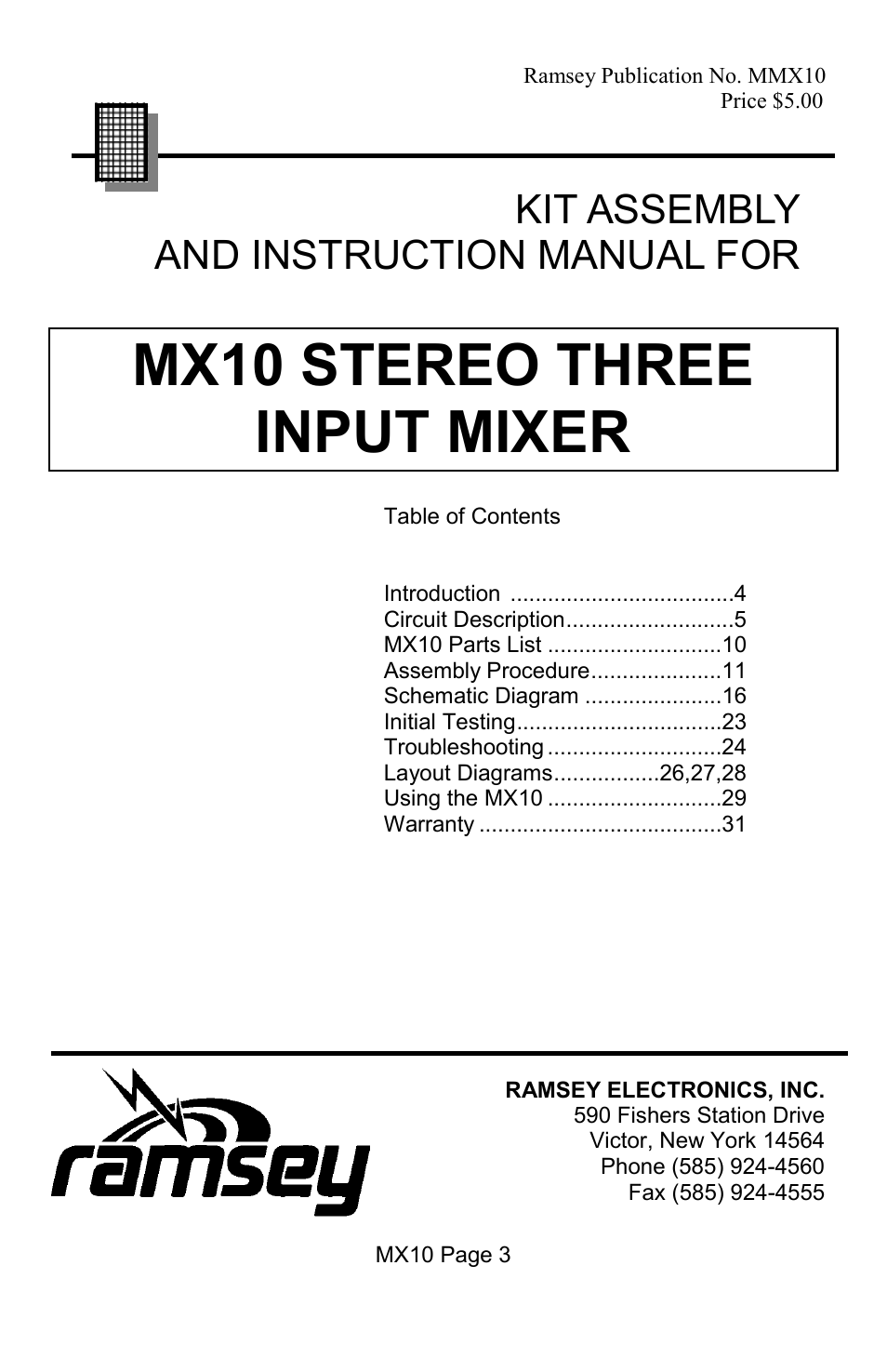 Mx10 stereo three input mixer, Kit assembly and instruction manual for | Ramsey Electronics MX10 User Manual | Page 3 / 32