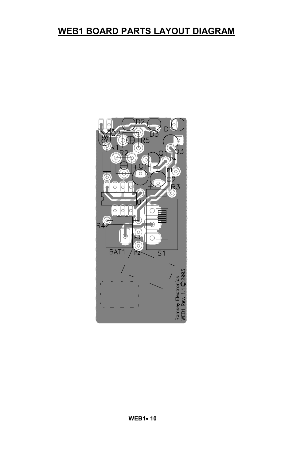 Web1 board parts layout diagram | Ramsey Electronics Walking Electronic Bug WEB1 User Manual | Page 10 / 20