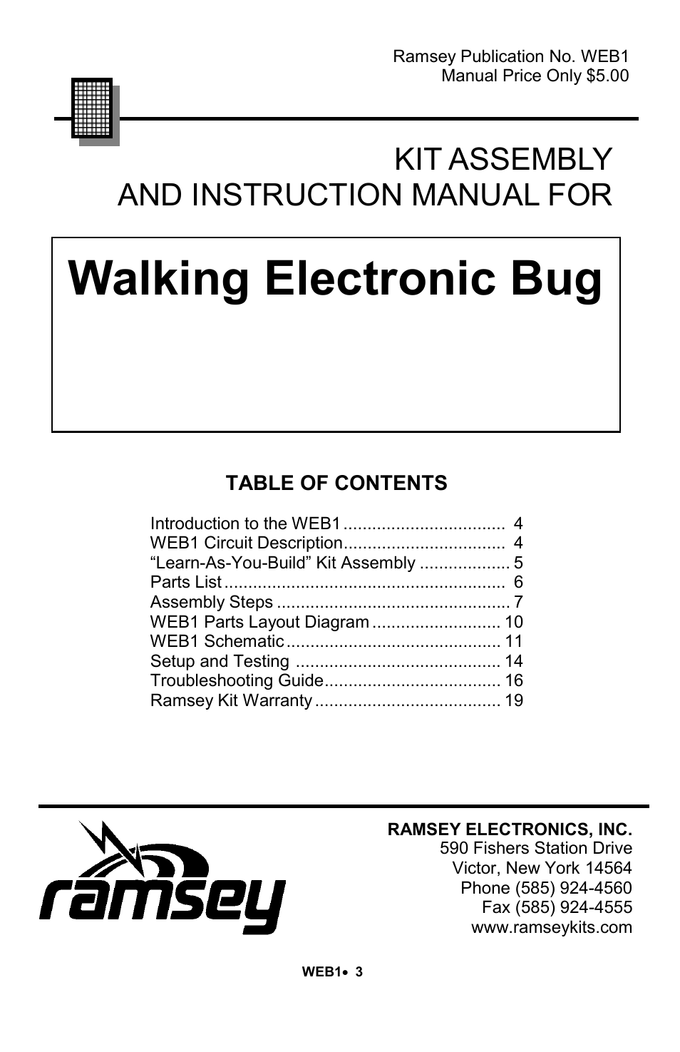 Walking electronic bug, Kit assembly and instruction manual for | Ramsey Electronics Walking Electronic Bug WEB1 User Manual | Page 3 / 20