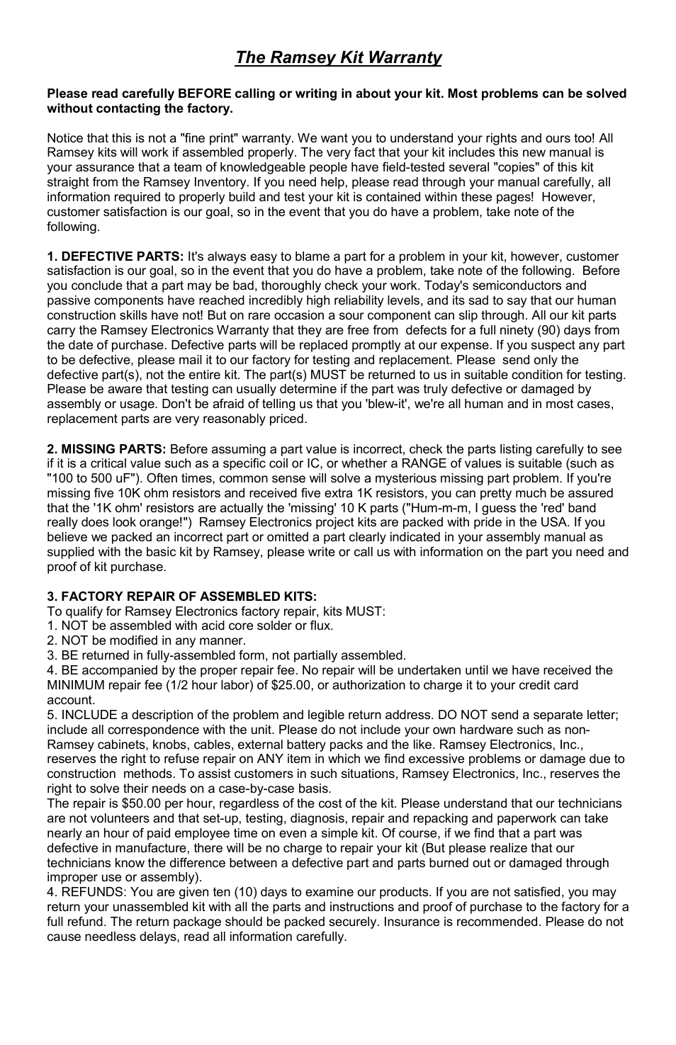 The ramsey kit warranty | Ramsey Electronics AA7 User Manual | Page 15 / 16