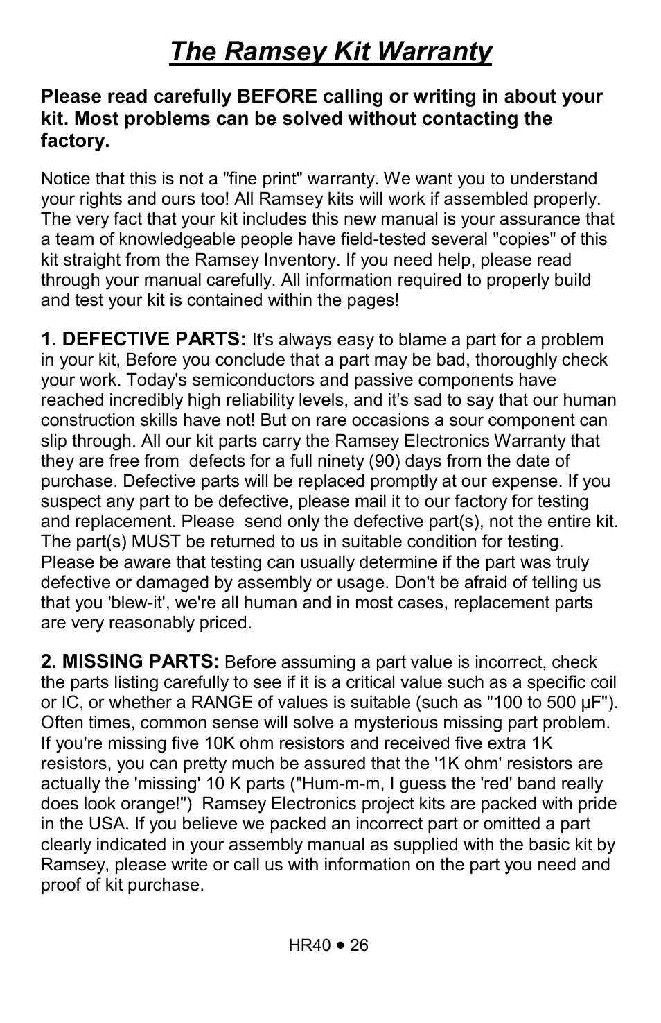 The ramsey kit warranty | Ramsey Electronics HR40 User Manual | Page 26 / 28