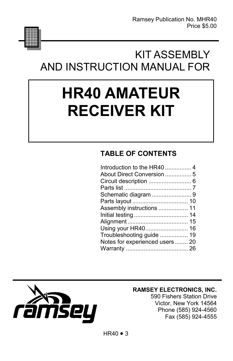 Hr40 amateur receiver kit, Kit assembly and instruction manual for | Ramsey Electronics HR40 User Manual | Page 3 / 28