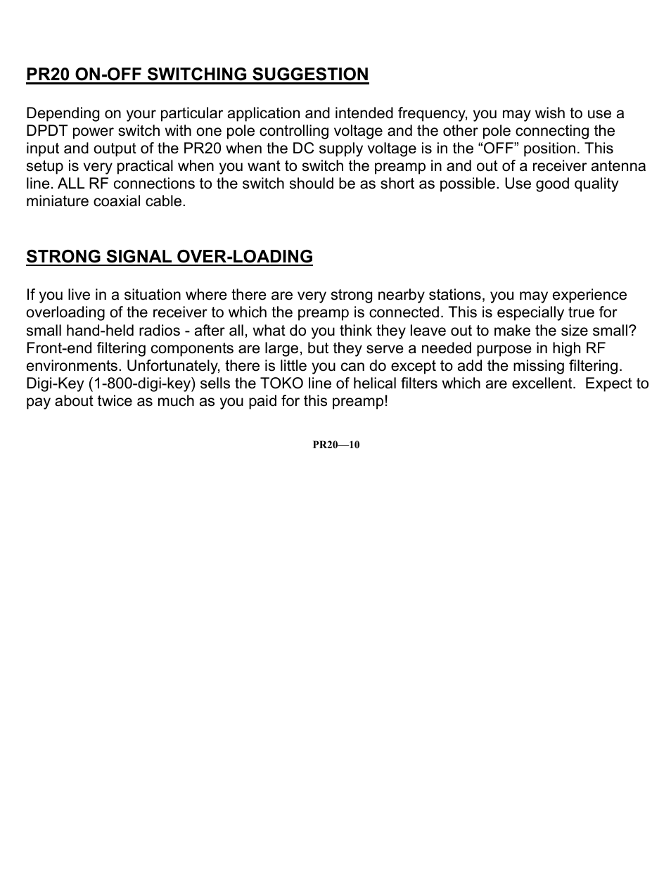 Pr20 on-off switching suggestion, Strong signal over-loading | Ramsey Electronics PR20 User Manual | Page 10 / 16