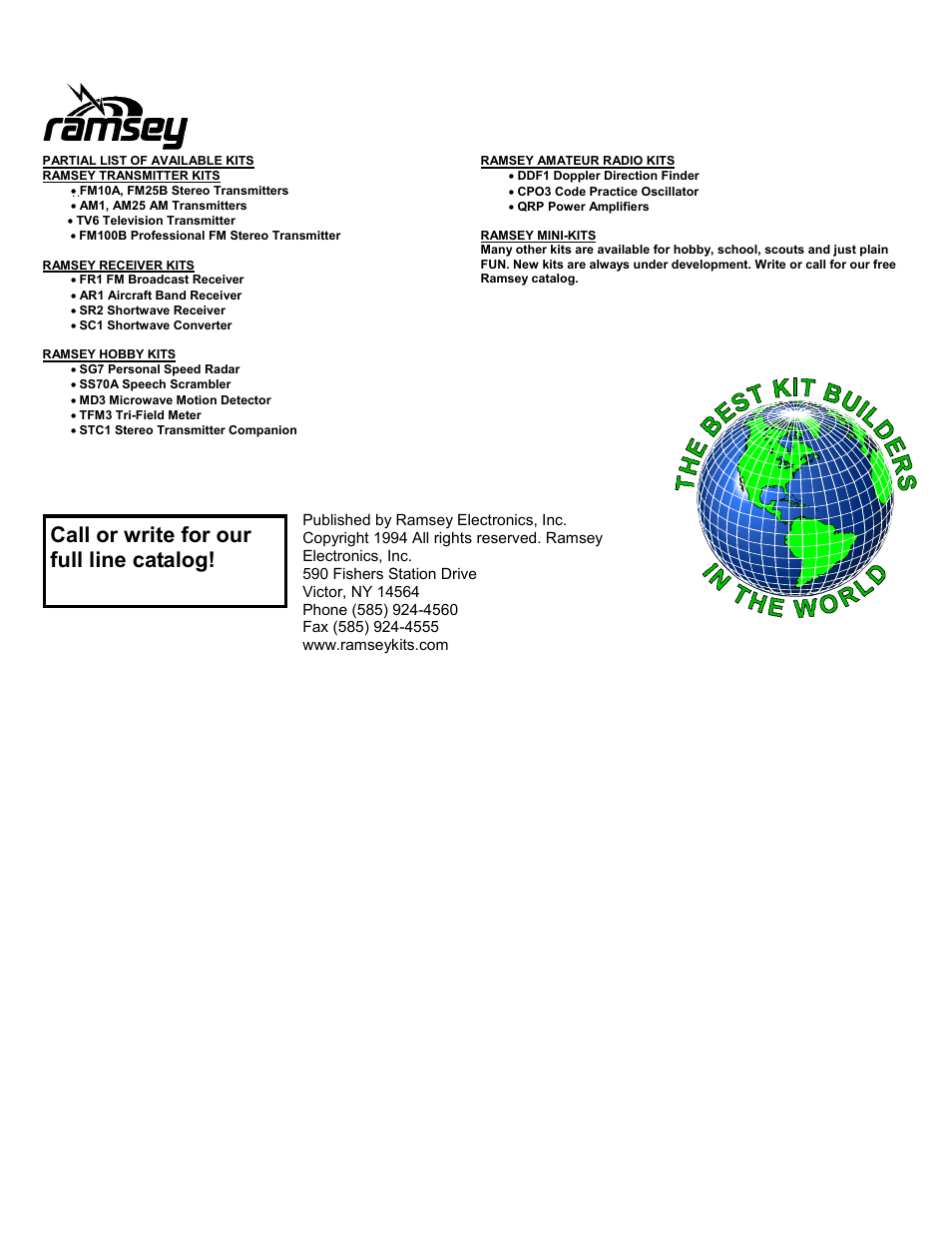 Call or write for our full line catalog | Ramsey Electronics PR20 User Manual | Page 16 / 16