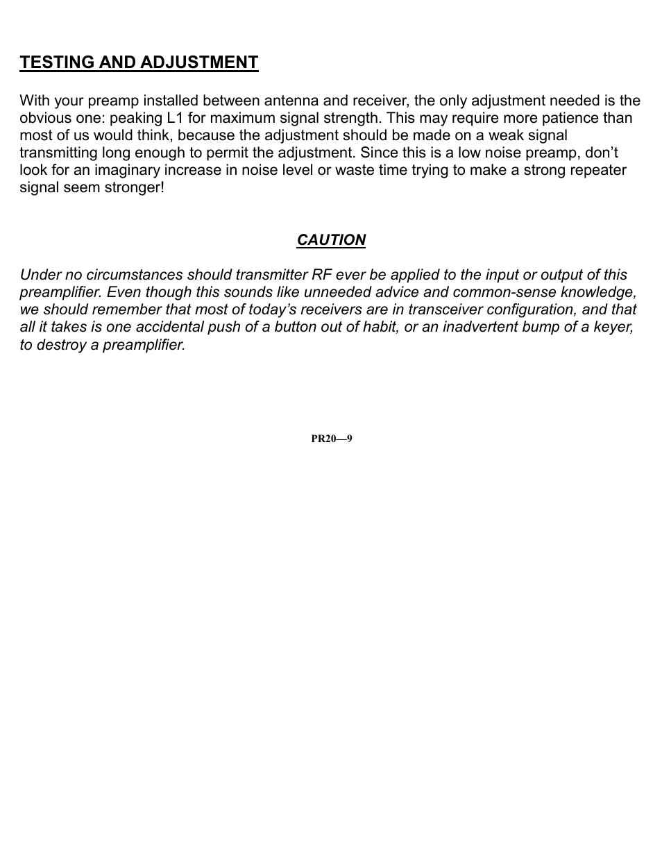 Testing and adjustment | Ramsey Electronics PR20 User Manual | Page 9 / 16