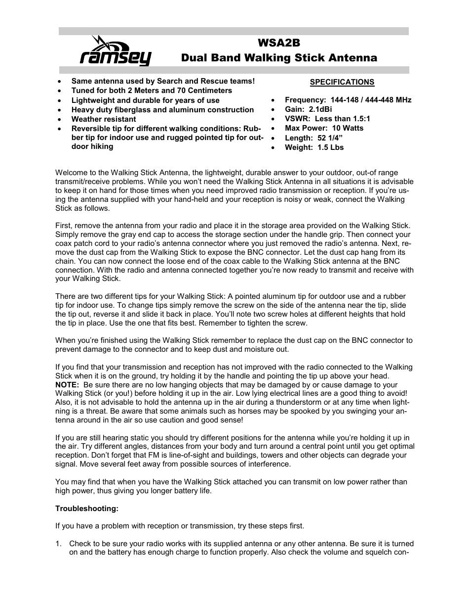 Ramsey Electronics WSA2B User Manual | 2 pages