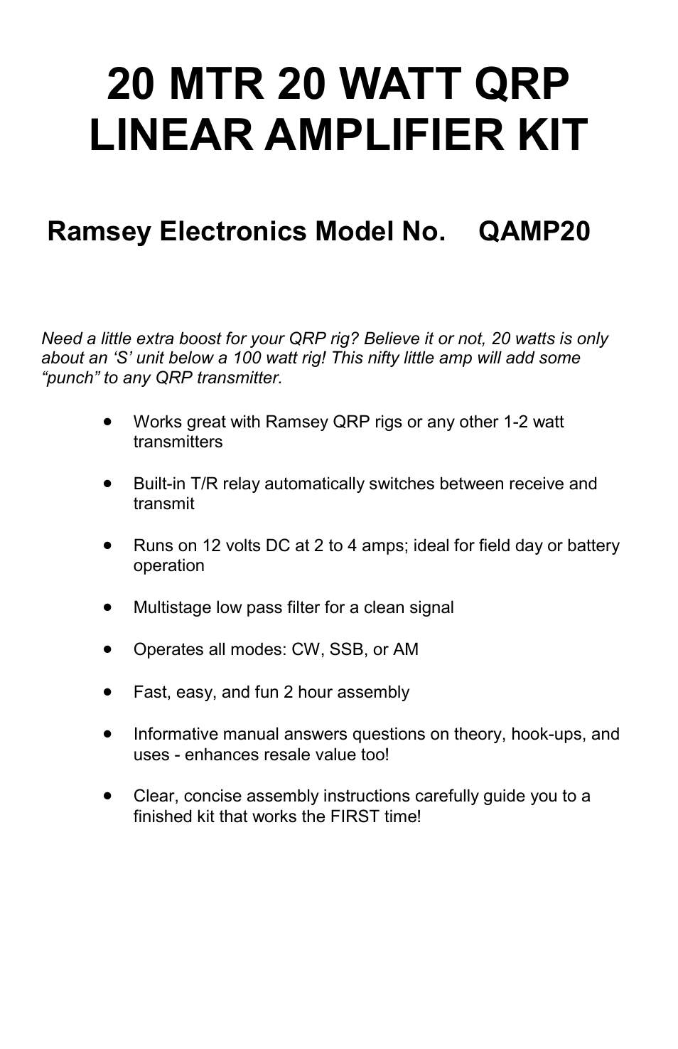 Ramsey Electronics QAMP20 User Manual | 20 pages