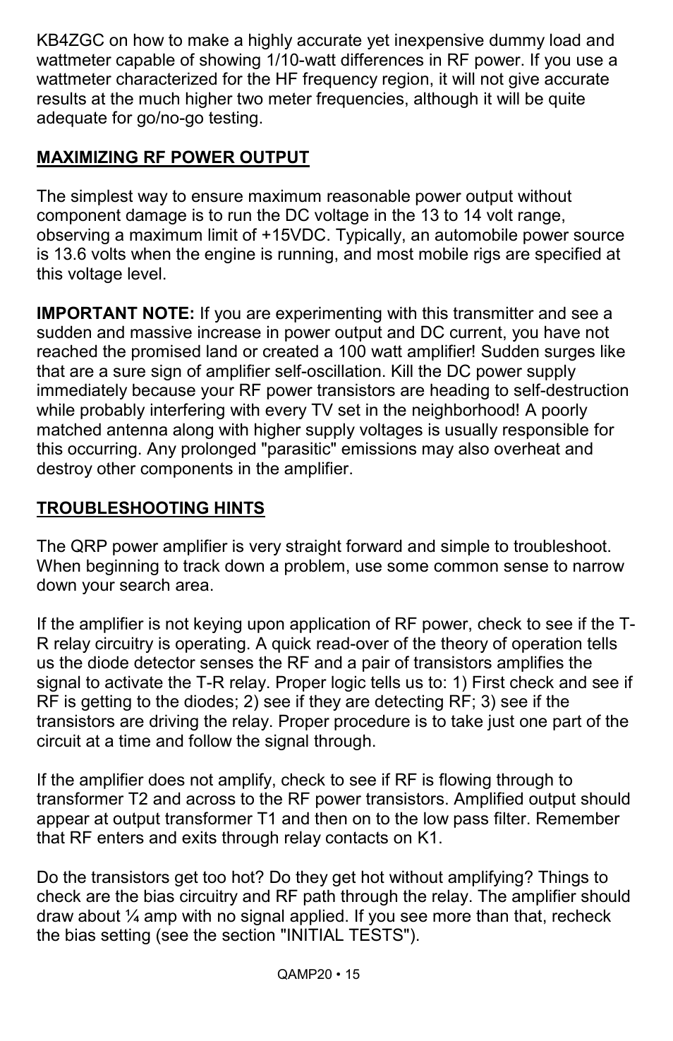 Ramsey Electronics QAMP20 User Manual | Page 15 / 20