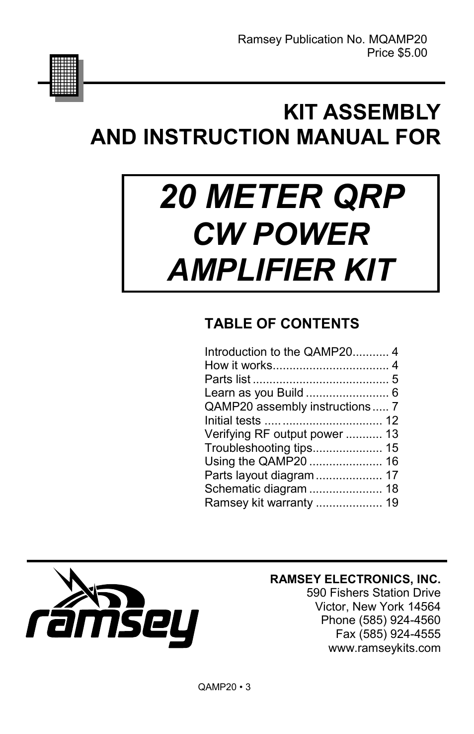 20 meter qrp, Cw power amplifier kit, Kit assembly and instruction manual for | Ramsey Electronics QAMP20 User Manual | Page 3 / 20