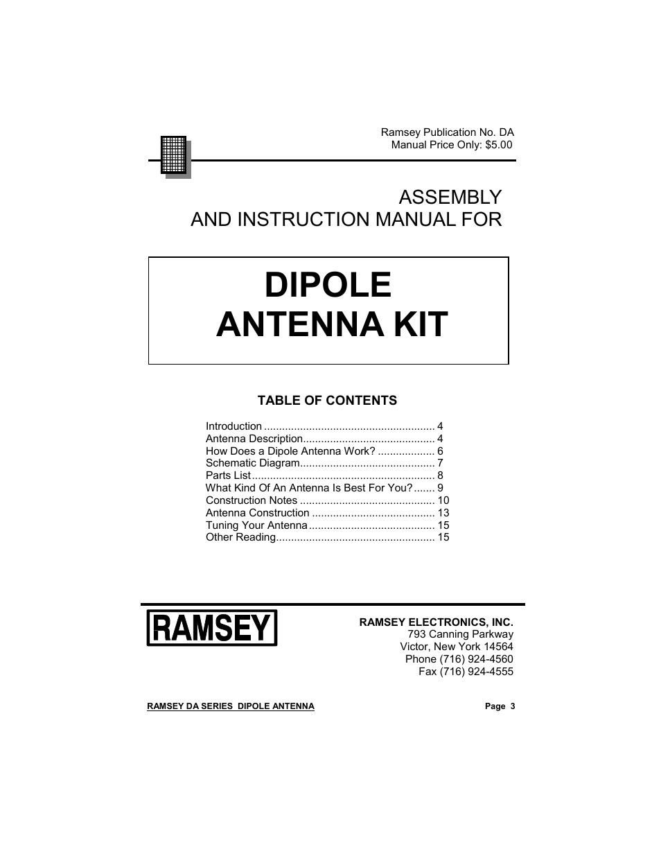Dipole antenna kit, Assembly and instruction manual for | Ramsey Electronics Dipole Antenna DA-1 User Manual | Page 3 / 16