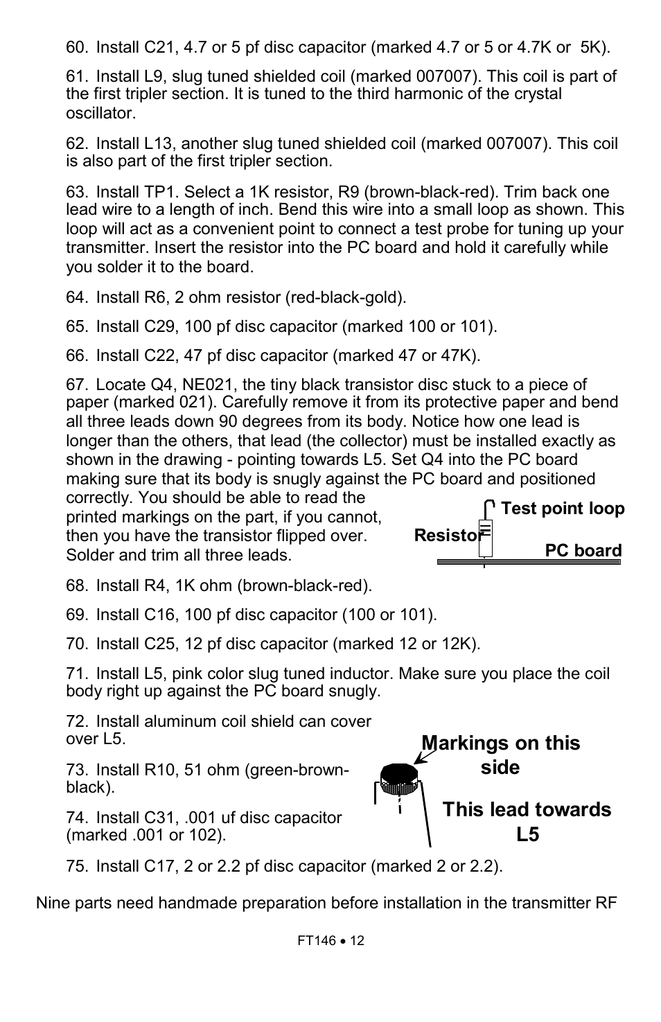 This lead towards l5, Markings on this side | Ramsey Electronics FT146 User Manual | Page 12 / 28