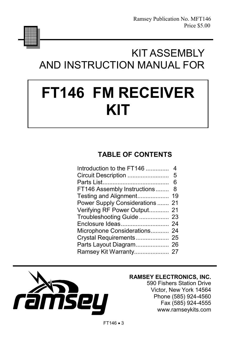 Ft146 fm receiver kit, Kit assembly and instruction manual for | Ramsey Electronics FT146 User Manual | Page 3 / 28