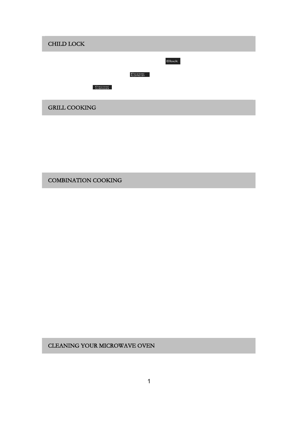 1child lock, Grill cooking, Combination cooking | Preset, Cleaning your microwave oven | RUSSELL HOBBS RHM2018 User Manual | Page 14 / 19