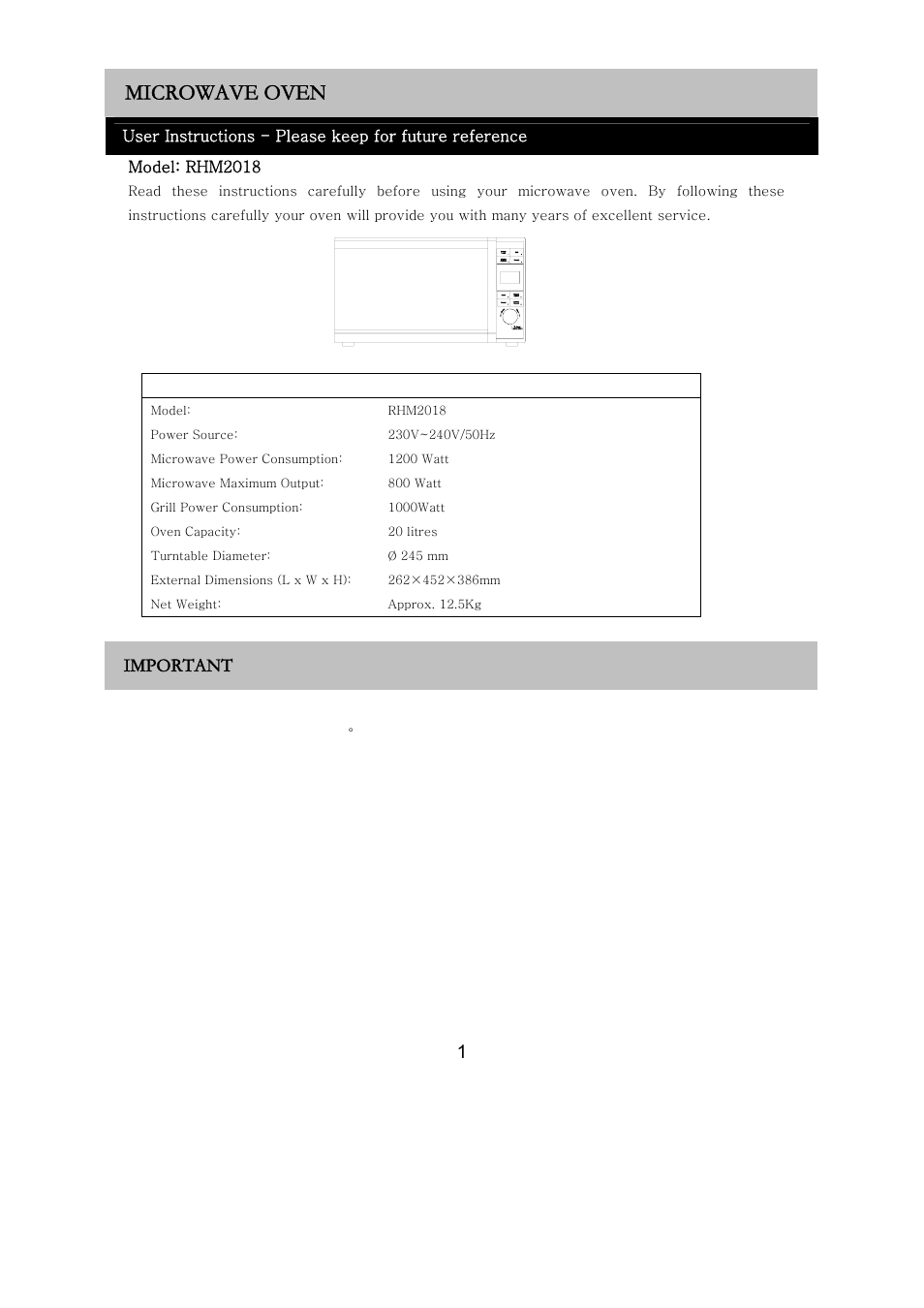 Microwave oven, Important | RUSSELL HOBBS RHM2018 User Manual | Page 2 / 19