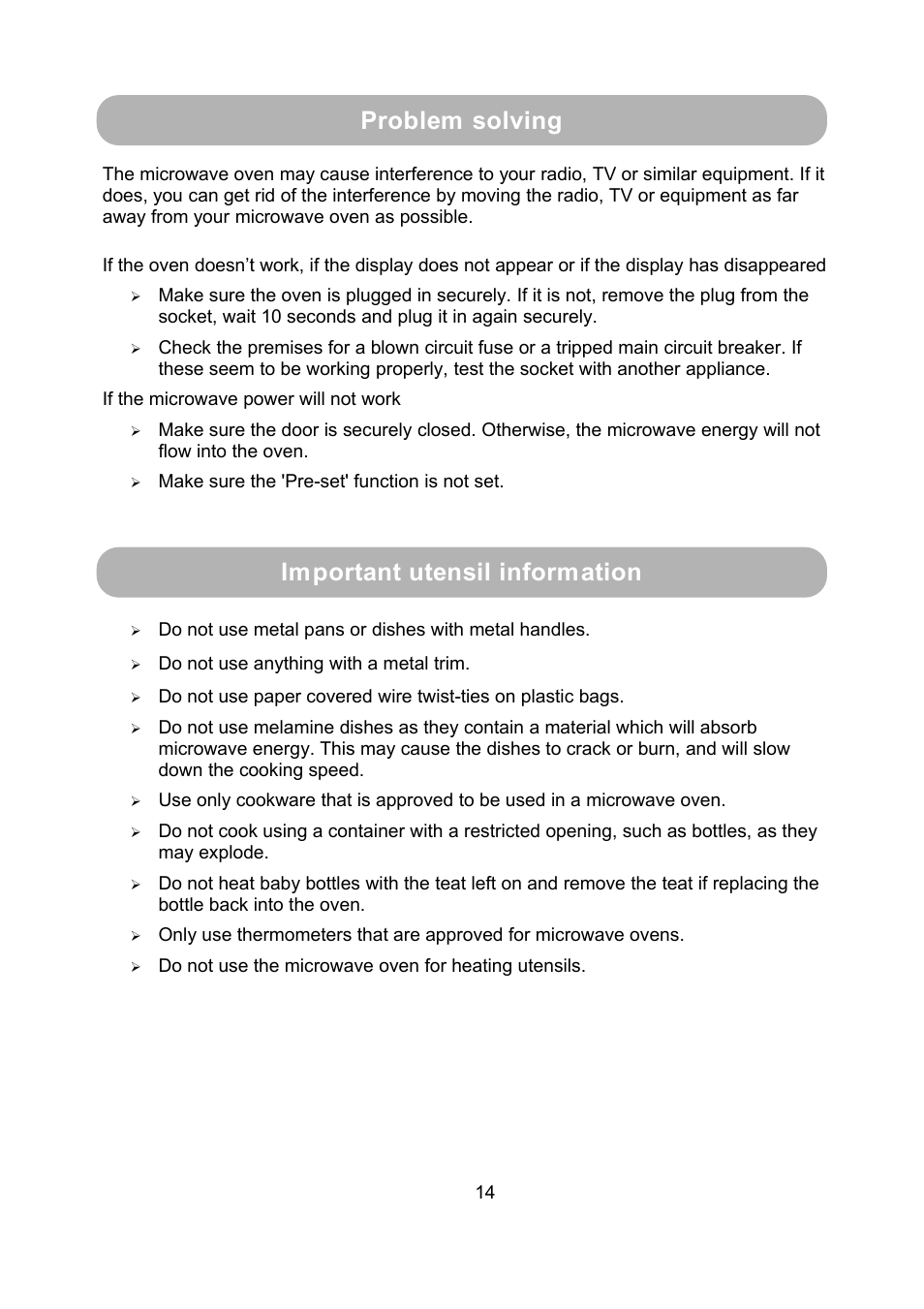 Problem solving important utensil information | RUSSELL HOBBS 17 Litre Piano Black Microwave Oven RHM1714B User Manual | Page 15 / 18