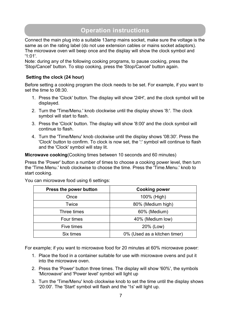 Operation instructions | RUSSELL HOBBS 17 Litre Piano Black Microwave Oven RHM1714B User Manual | Page 8 / 18