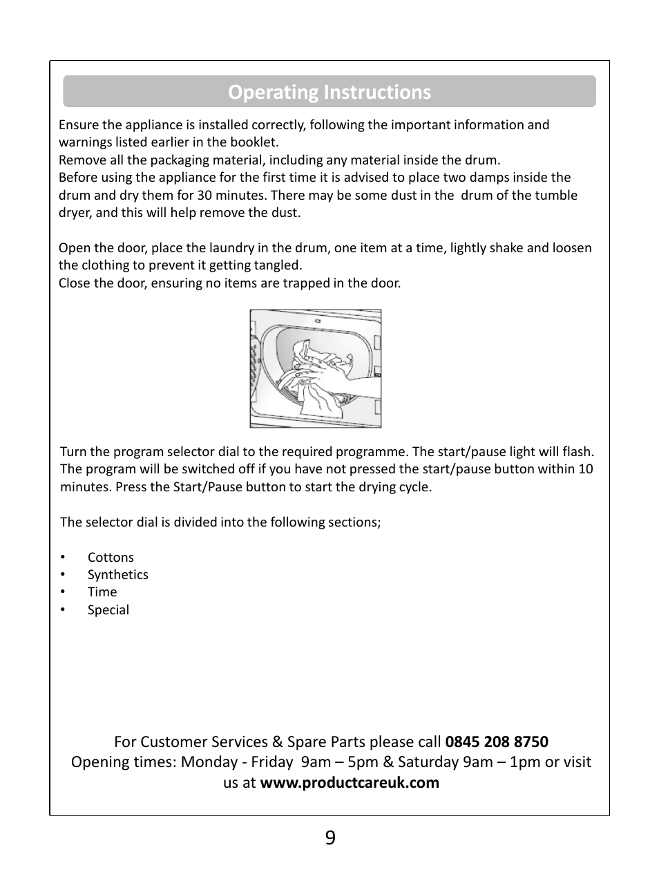 Operating instructions | RUSSELL HOBBS Condenser Tumble Dryer RHCTD200B User Manual | Page 11 / 24