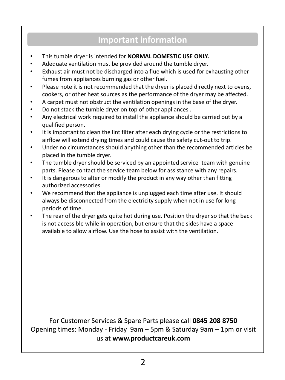 Important information | RUSSELL HOBBS Condenser Tumble Dryer RHCTD200B User Manual | Page 4 / 24