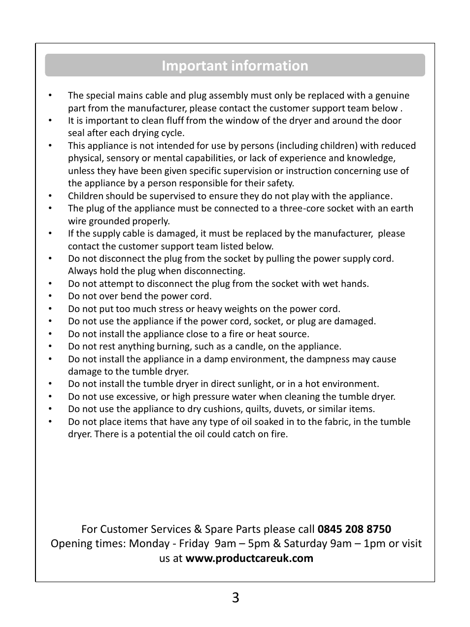 Important information | RUSSELL HOBBS Condenser Tumble Dryer RHCTD200B User Manual | Page 5 / 24