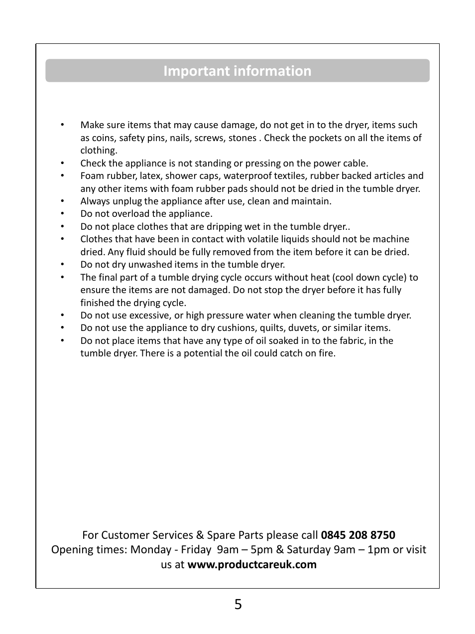 Important information | RUSSELL HOBBS Condenser Tumble Dryer RHCTD200B User Manual | Page 7 / 24