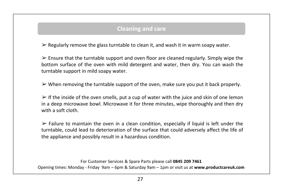 Cleaning and care | RUSSELL HOBBS 30 Litre microwave oven RHM3003B User Manual | Page 28 / 36