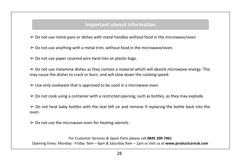 Important utensil information | RUSSELL HOBBS 30 Litre microwave oven RHM3003B User Manual | Page 29 / 36